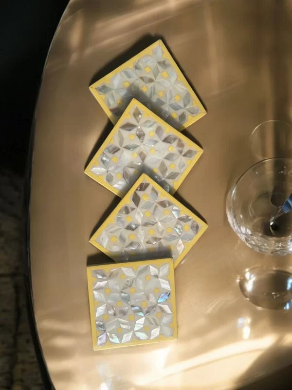 Modern Mother-of-Pearl Mosaic Coasters with Yellow Accents – Set of 4 - Image 4