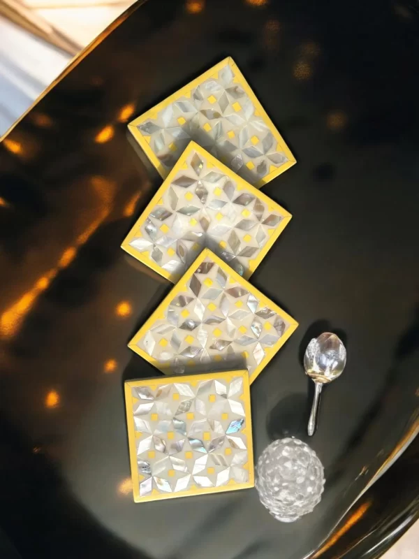 Modern Mother-of-Pearl Mosaic Coasters with Yellow Accents – Set of 4 - Image 2