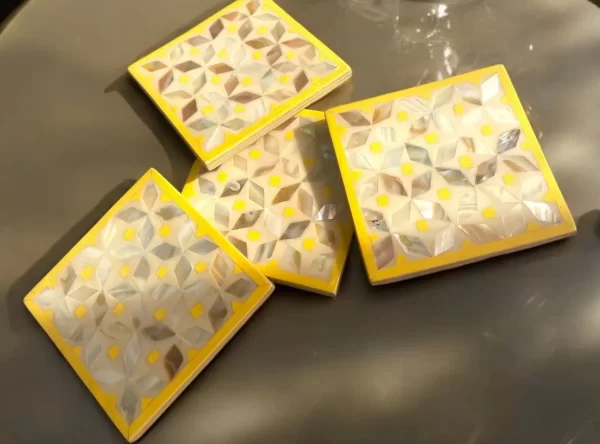 Modern Mother-of-Pearl Mosaic Coasters with Yellow Accents – Set of 4