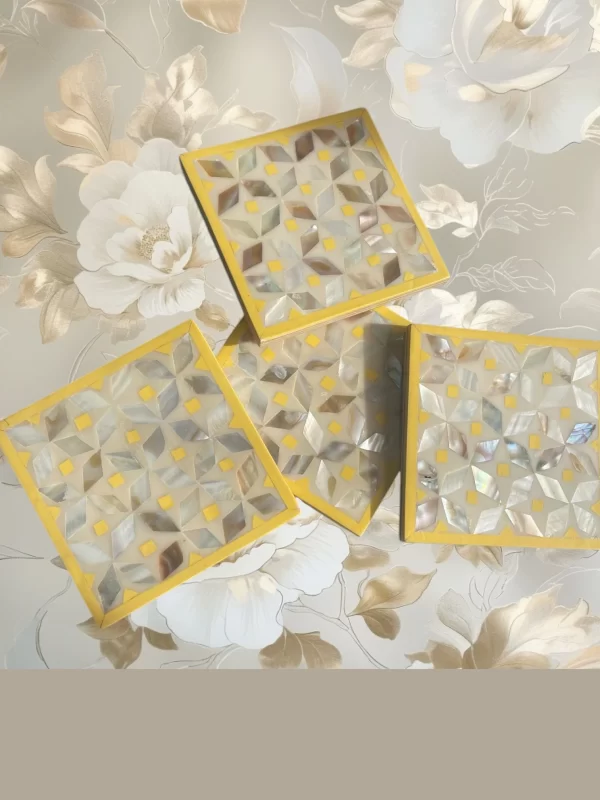 Modern Mother-of-Pearl Mosaic Coasters with Yellow Accents – Set of 4 - Image 3