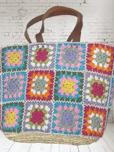 Handmade Crochet Patchwork Beach Bag with Woven Straw Base – Made in Egypt