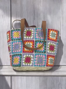 Handmade Crochet Patchwork Beach Bag with Woven Straw Base – Made in Egypt