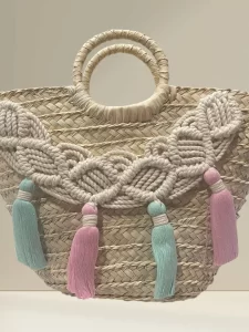 Handmade Macrame Straw Bag with Pastel Tassels – Boho-Chic Décor Accent