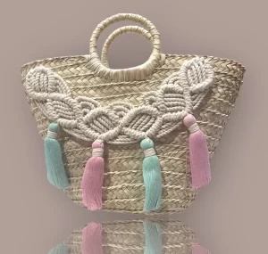 Handmade Macrame Straw Bag with Pastel Tassels – Boho-Chic Décor Accent
