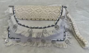 Handmade Macrame Clutch with Coin Embellishments – Boho Décor Accent Piece