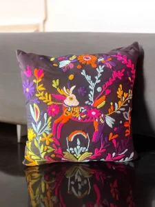 Hand Embroidered Pillow with Whimsical Deer & Floral Design – Vibrant Home Accent