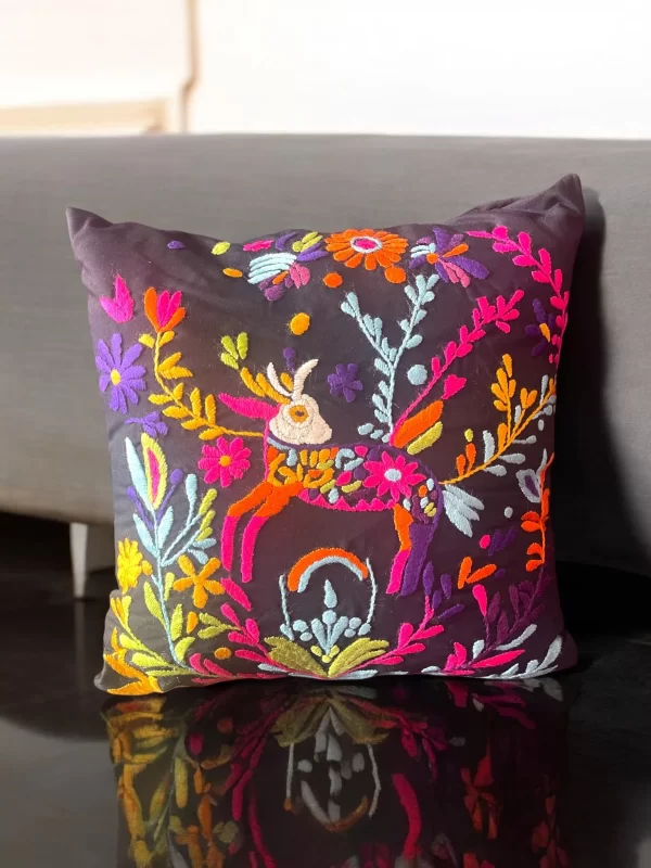 Hand Embroidered Pillow with Whimsical Deer & Floral Design – Vibrant Home Accent - Image 2
