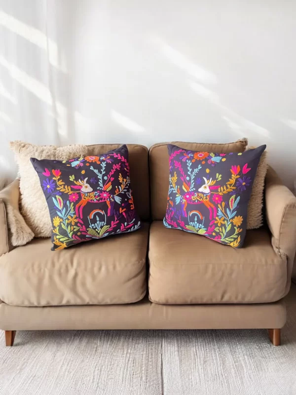 Hand Embroidered Pillow with Whimsical Deer & Floral Design – Vibrant Home Accent - Image 4