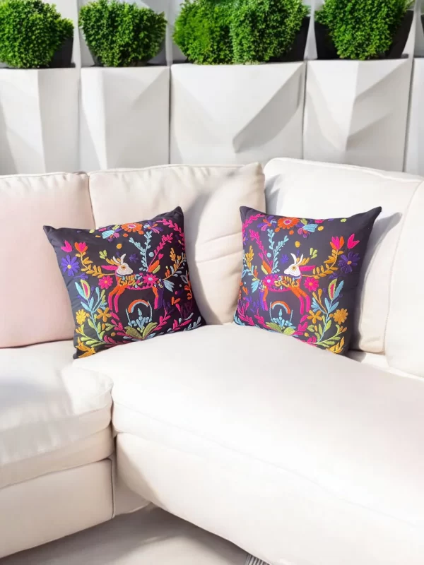 Hand Embroidered Pillow with Whimsical Deer & Floral Design – Vibrant Home Accent - Image 5