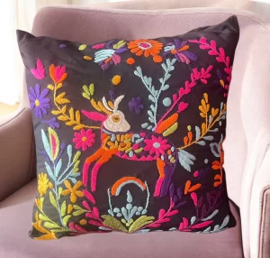 Hand Embroidered Pillow with Whimsical Deer & Floral Design – Vibrant Home Accent