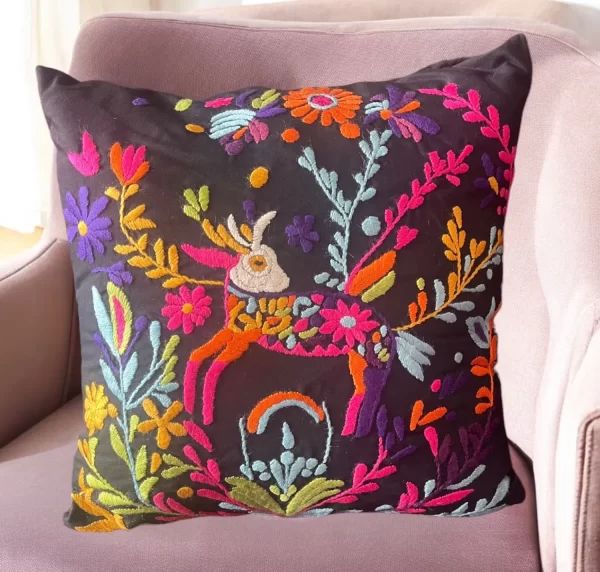 Hand Embroidered Pillow with Whimsical Deer & Floral Design – Vibrant Home Accent