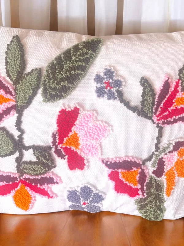 Handmade Linen Fabric Punch Embroidered Flowers Pillow - Image 2
