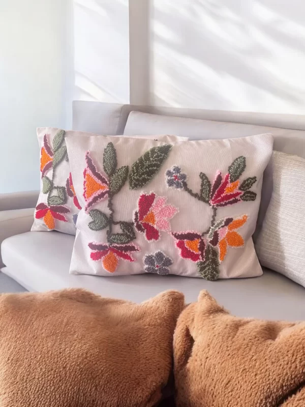 Handmade Linen Fabric Punch Embroidered Flowers Pillow - Image 4