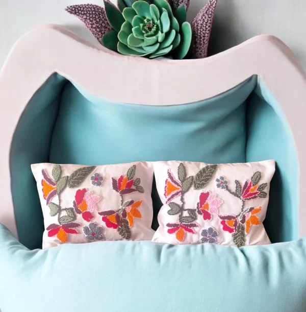 Handmade Linen Fabric Punch Embroidered Flowers Pillow - Image 3