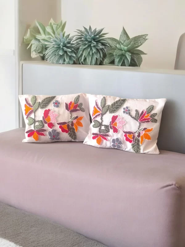 Handmade Linen Fabric Punch Embroidered Flowers Pillow - Image 6