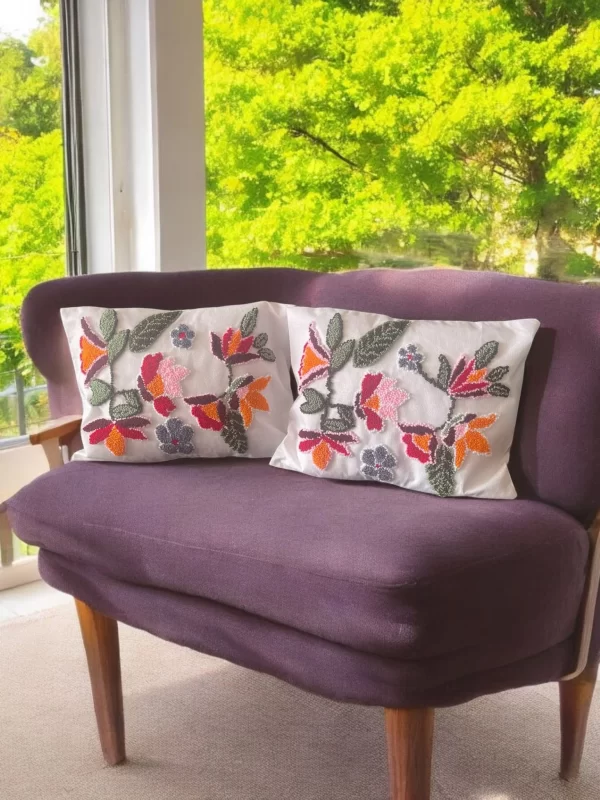 Handmade Linen Fabric Punch Embroidered Flowers Pillow - Image 5