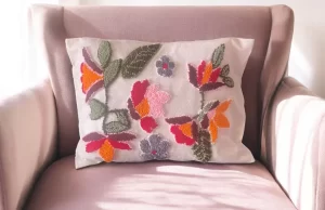 Handmade Linen Fabric Punch Embroidered Flowers Pillow