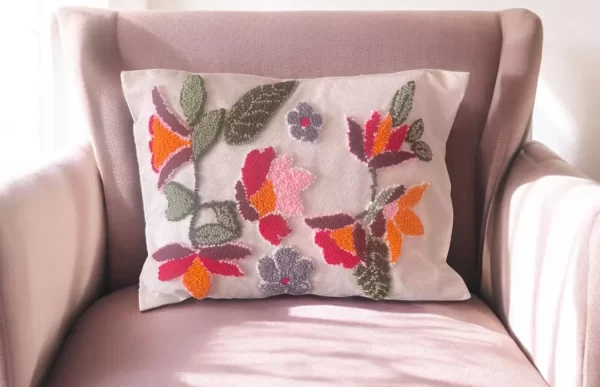 Handmade Linen Fabric Punch Embroidered Flowers Pillow