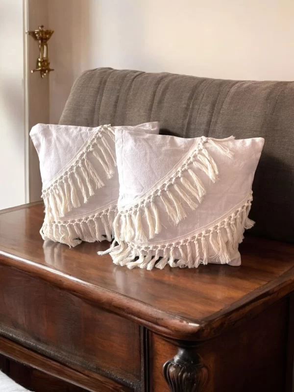 Boho Fringe Hand-Embroidered Pillow Set – Natural Minimalist Design - Image 7