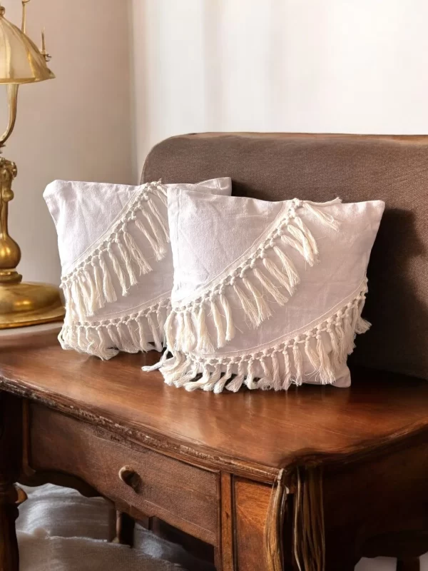 Boho Fringe Hand-Embroidered Pillow Set – Natural Minimalist Design - Image 5