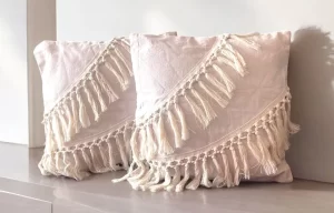 Boho Fringe Hand-Embroidered Pillow Set – Natural Minimalist Design