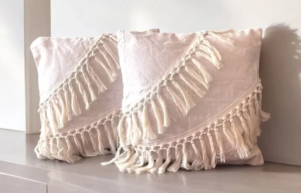 Boho Fringe Hand-Embroidered Pillow Set – Natural Minimalist Design