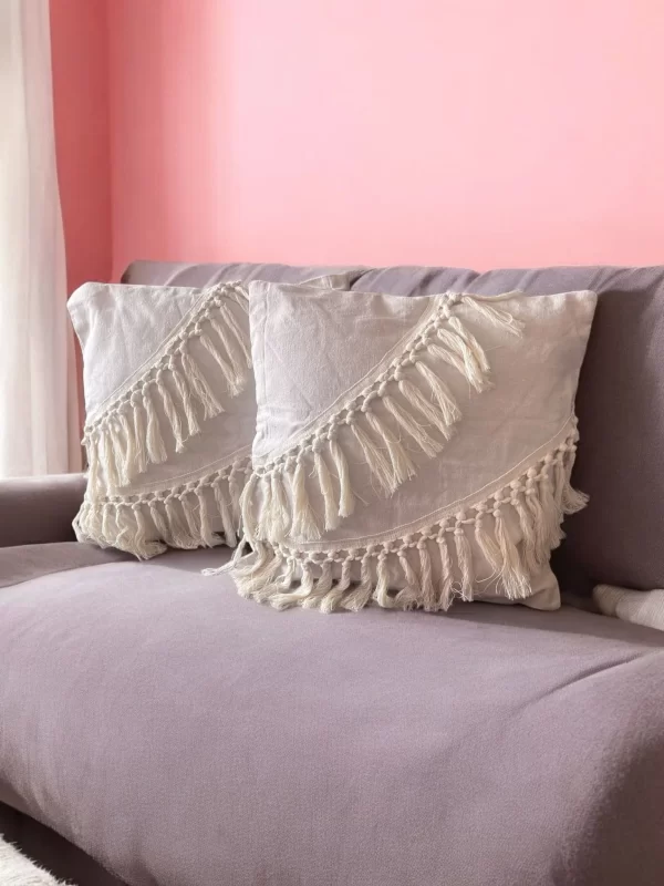 Boho Fringe Hand-Embroidered Pillow Set – Natural Minimalist Design - Image 2