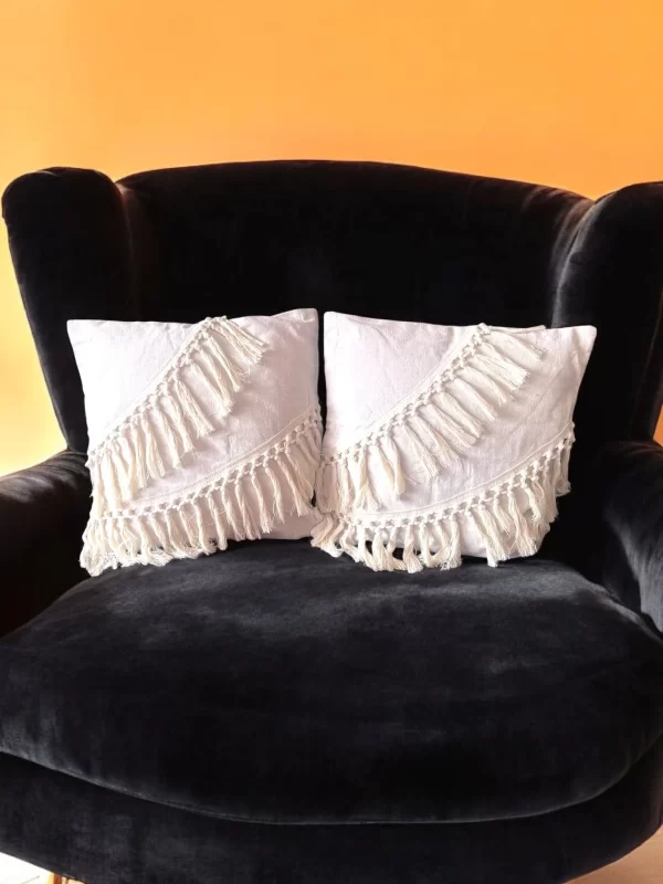 Boho Fringe Hand-Embroidered Pillow Set – Natural Minimalist Design - Image 4