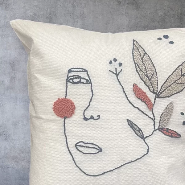 Hand-Tufted Abstract Face Embroidered Pillow– High-Quality White Linen - Image 2