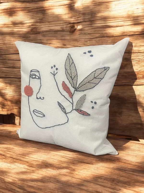 Hand-Tufted Abstract Face Embroidered Pillow– High-Quality White Linen - Image 4