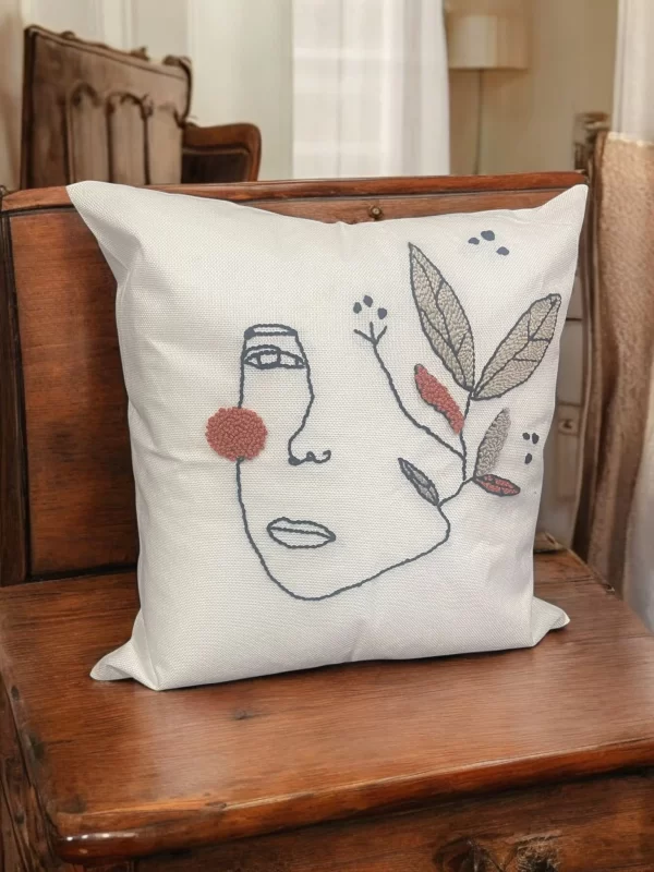 Hand-Tufted Abstract Face Embroidered Pillow– High-Quality White Linen - Image 3