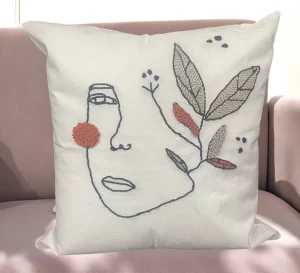 Hand-Tufted Abstract Face Embroidered Pillow– High-Quality White Linen