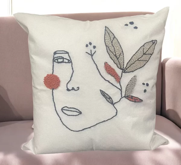 Hand-Tufted Abstract Face Embroidered Pillow– High-Quality White Linen