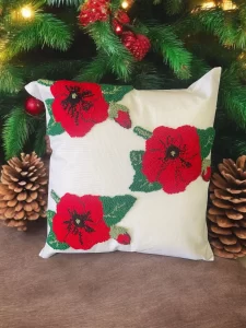 Hand Tufted Punch Needle Christmas Cushion - Poppy Red & Green,