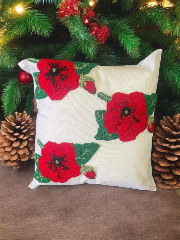 Hand Tufted Punch Needle Christmas Cushion - Poppy Red & Green, - Image 2