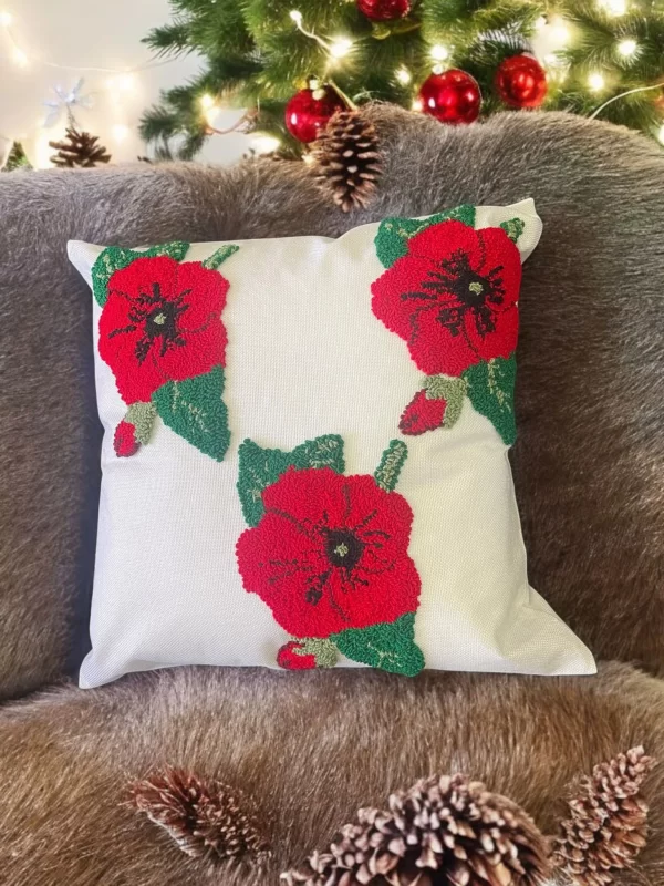 Hand Tufted Punch Needle Christmas Cushion - Poppy Red & Green, - Image 6
