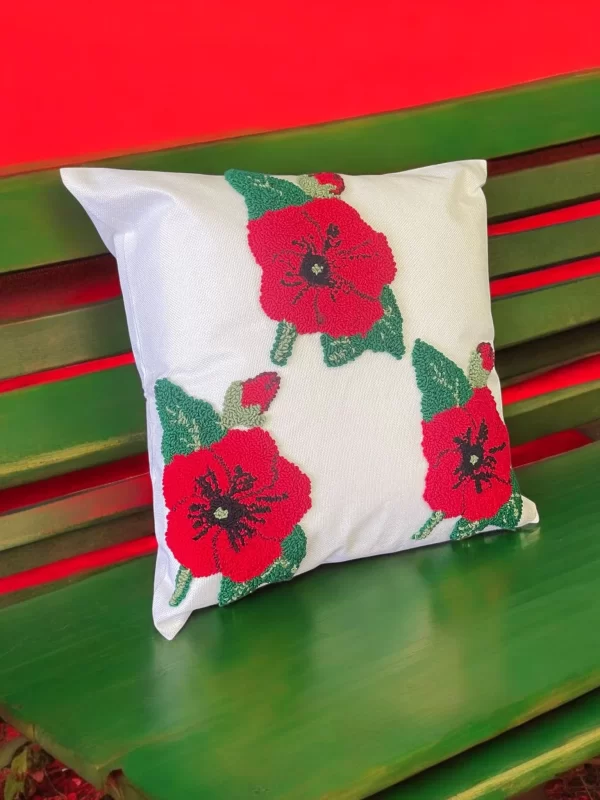 Hand Tufted Punch Needle Christmas Cushion - Poppy Red & Green, - Image 5