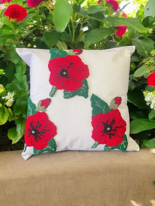 Hand Tufted Punch Needle Christmas Cushion - Poppy Red & Green, - Image 4