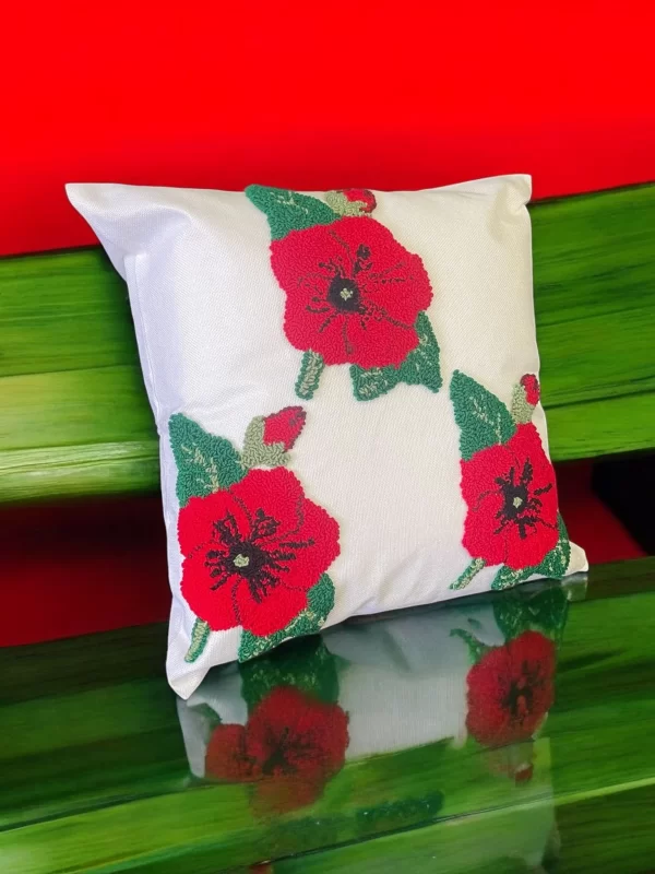 Hand Tufted Punch Needle Christmas Cushion - Poppy Red & Green, - Image 3
