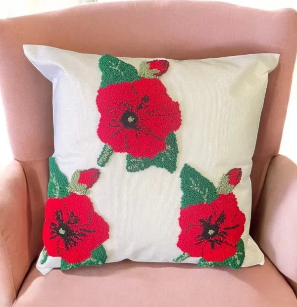 Hand Tufted Punch Needle Christmas Cushion - Poppy Red & Green,