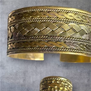 Women's Brass Gold Rope Braid Adjustable Bangle Cuff Bracelet and Ring Set