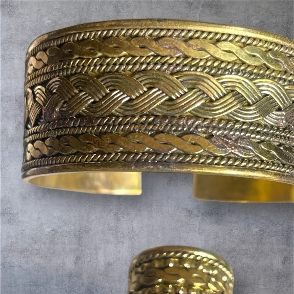 Women's Brass Gold Rope Braid Adjustable Bangle Cuff Bracelet and Ring Set - Image 2