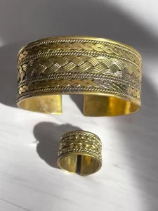 Women's Brass Gold Rope Braid Adjustable Bangle Cuff Bracelet and Ring Set