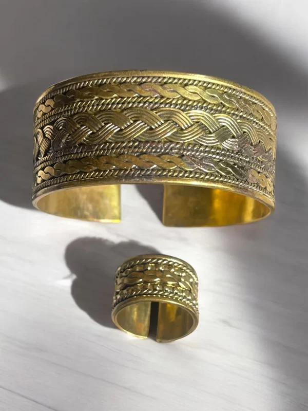 Women's Brass Gold Rope Braid Adjustable Bangle Cuff Bracelet and Ring Set