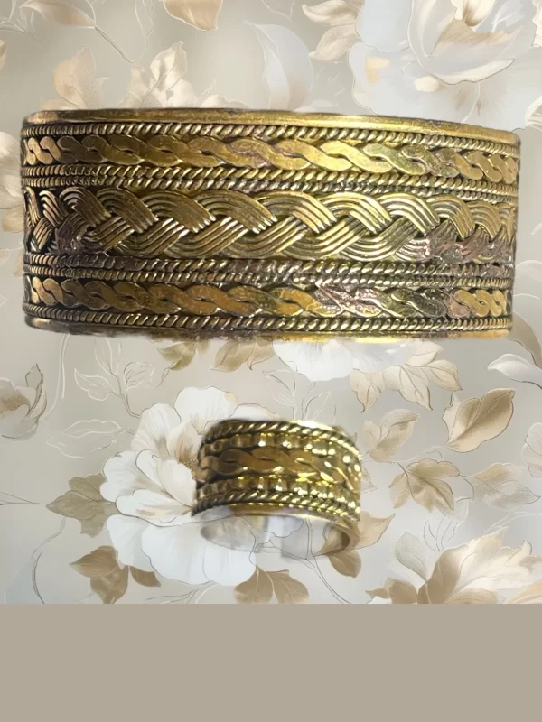 Women's Brass Gold Rope Braid Adjustable Bangle Cuff Bracelet and Ring Set - Image 4