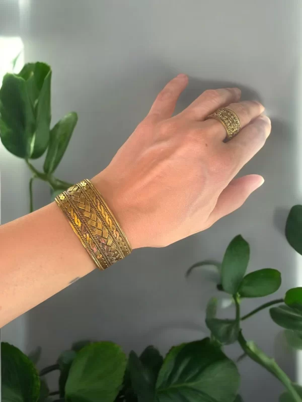Women's Brass Gold Rope Braid Adjustable Bangle Cuff Bracelet and Ring Set - Image 3