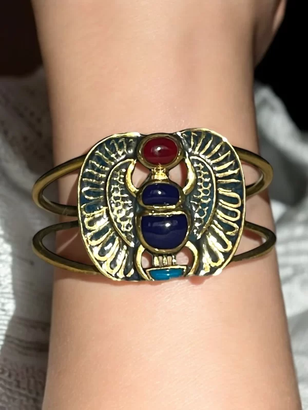 Ancient Egyptian Scarab Cuff Bracelet with Red, Blue & Turquoise Stones - Image 4