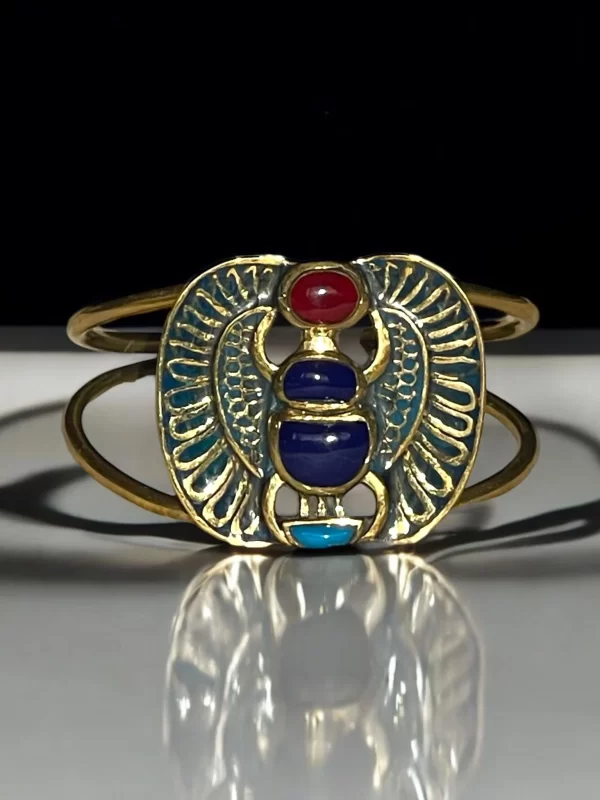 Ancient Egyptian Scarab Cuff Bracelet with Red, Blue & Turquoise Stones - Image 3