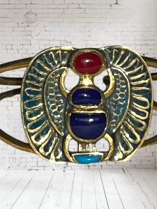 Ancient Egyptian Scarab Cuff Bracelet with Red, Blue & Turquoise Stones