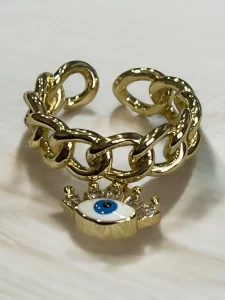 Gold Chain-Link Evil Eye Charm Ring with Crystal Embellishments